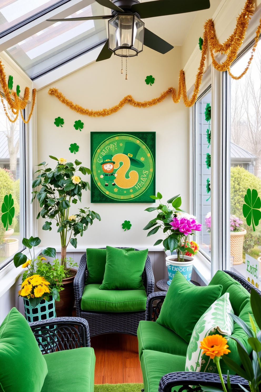 A vibrant sunroom filled with natural light featuring St. Patrick's Day themed wall art. The walls are adorned with green and gold decorations, including shamrocks and leprechauns, creating a festive atmosphere. Cozy seating arrangements with plush green cushions invite relaxation and enjoyment. Potted plants and fresh flowers add a touch of nature, complementing the holiday decor beautifully.