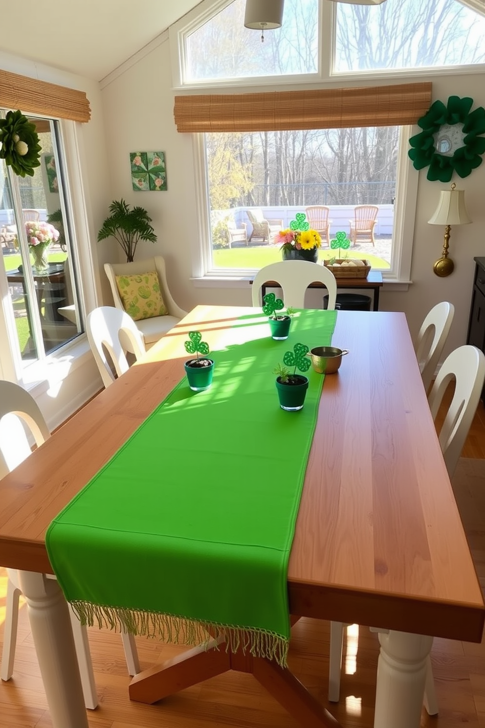 A bright green table runner stretches across a sunlit table in a cozy sunroom. The table is adorned with festive St. Patrick's Day decorations, including small potted shamrocks and golden accents.