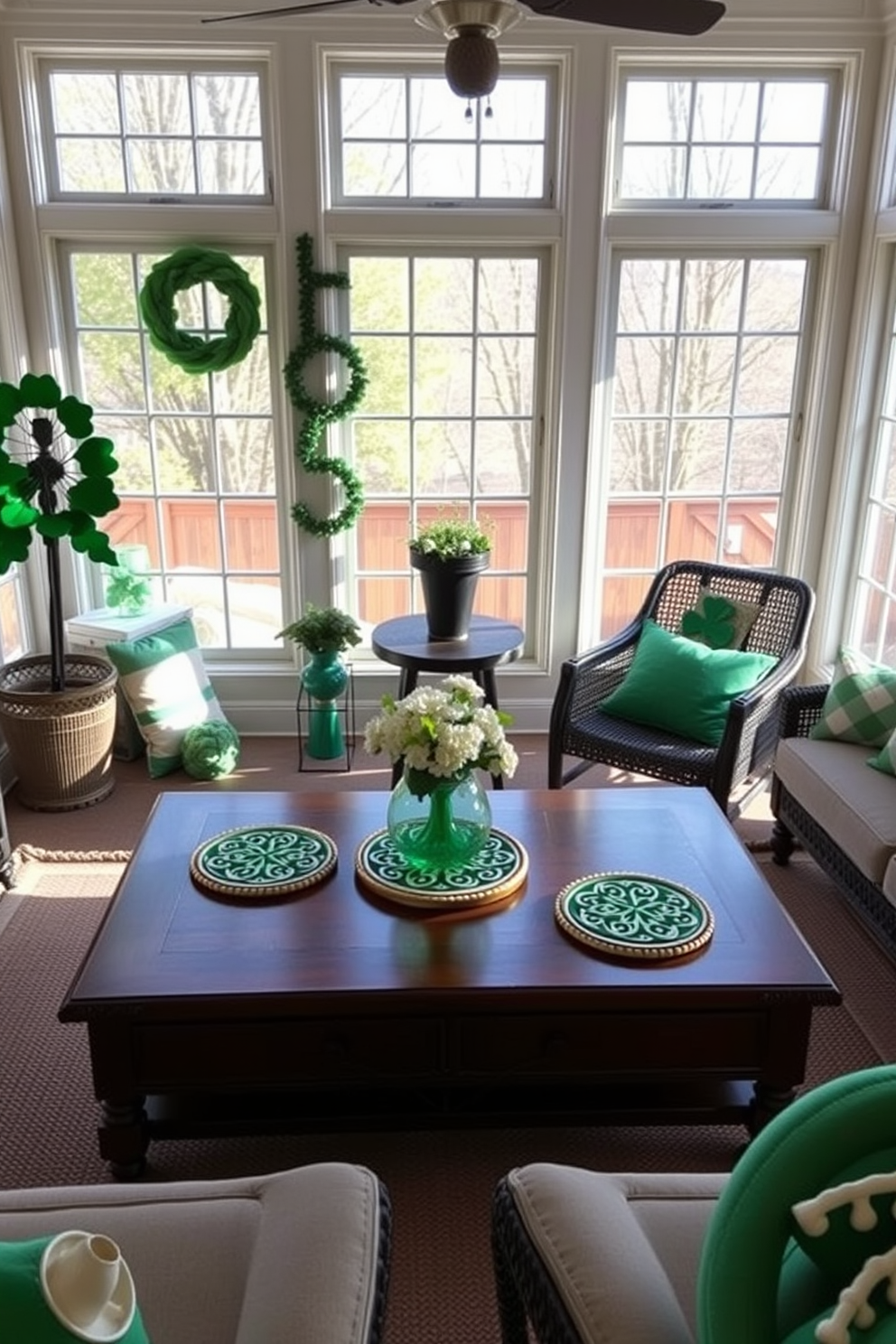 A cozy sunroom decorated for St. Patrick's Day features a wooden coffee table adorned with intricate Celtic knot coasters. Bright green accents and shamrock decorations bring a festive touch to the space, complemented by large windows allowing natural light to flood in.