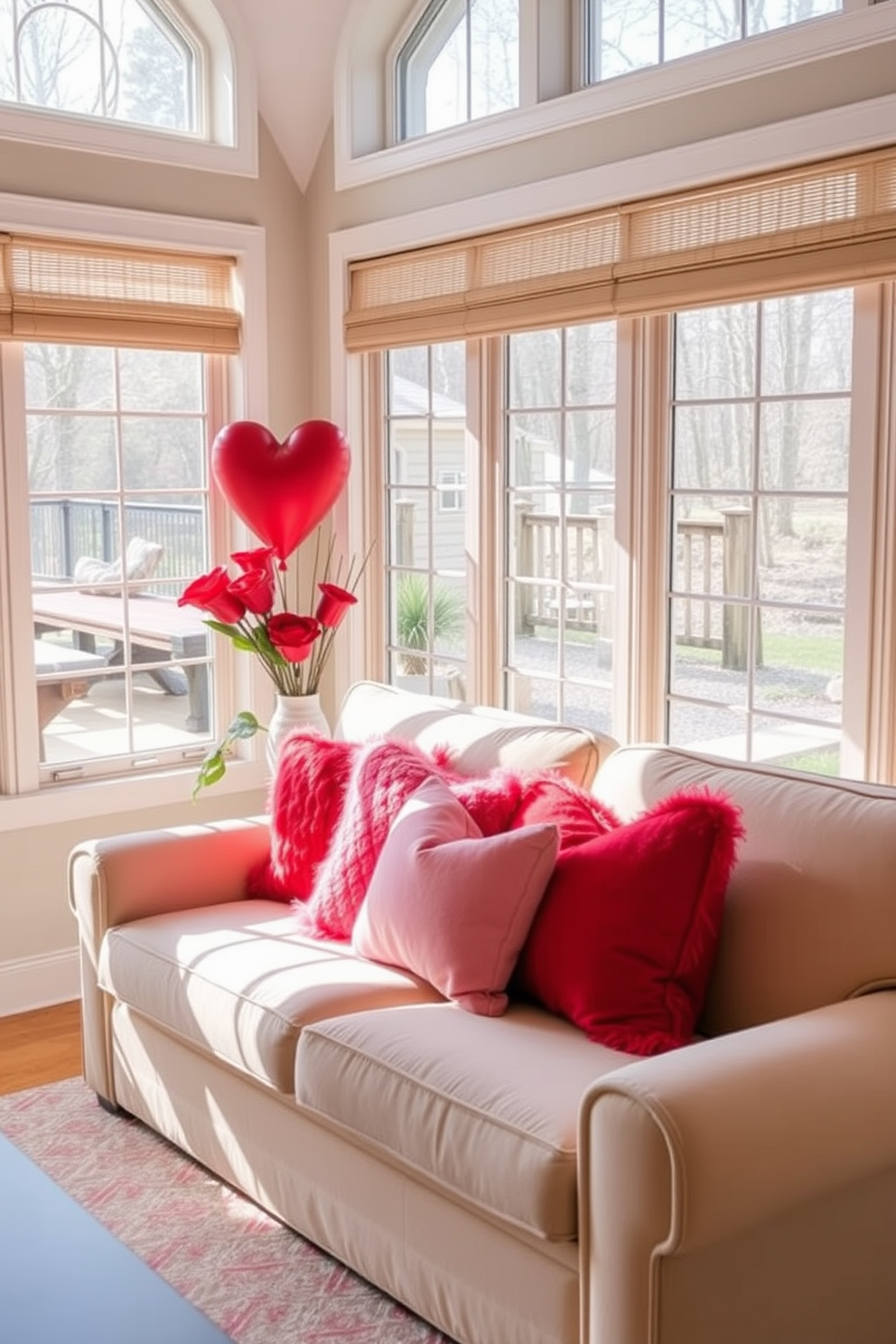 Cozy red and pink throw pillows are scattered across a plush white sofa in a sunlit sunroom. The walls are adorned with delicate heart-themed decorations, and a small coffee table holds a vase filled with fresh red roses.