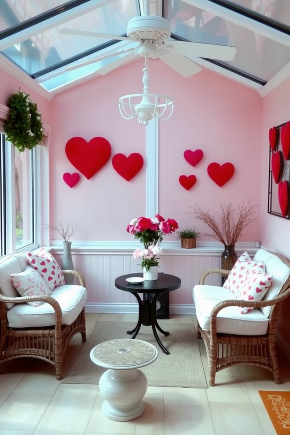 A charming sunroom decorated for Valentine's Day features heart-shaped wall art that adds a romantic touch to the space. The walls are adorned with soft pastel colors, and cozy seating is arranged around a small table, creating an inviting atmosphere for relaxation and conversation.