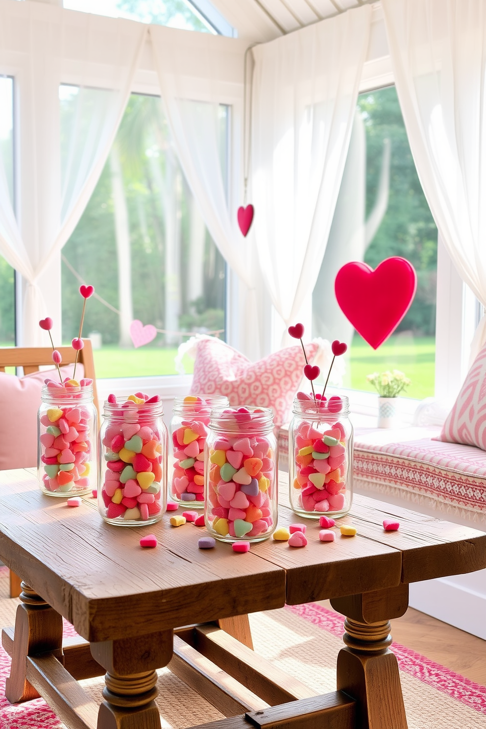 A sunroom decorated for Valentine's Day features glass jars filled with colorful conversation hearts arranged on a rustic wooden table. Soft, sheer curtains flutter in the gentle breeze, allowing natural light to illuminate the cheerful decorations throughout the space.