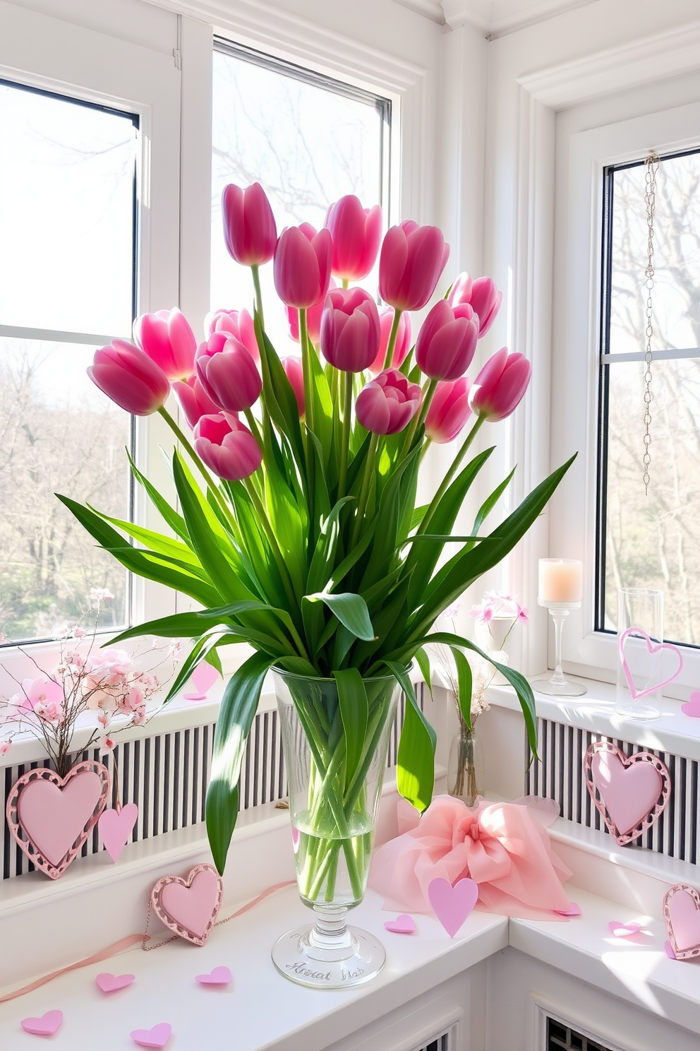 A bright sunroom filled with natural light showcases a stunning floral arrangement featuring vibrant pink tulips in an elegant vase. Surrounding the arrangement are soft pastel decorations that evoke a romantic Valentine's Day atmosphere, with delicate heart-shaped accents adorning the windowsills.