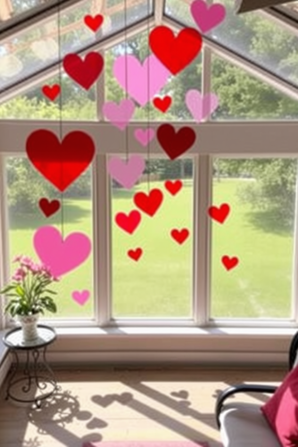 Create a charming sunroom decorated for Valentine's Day. Heart-shaped window clings in various shades of pink and red adorn the glass, casting playful shadows across the room.