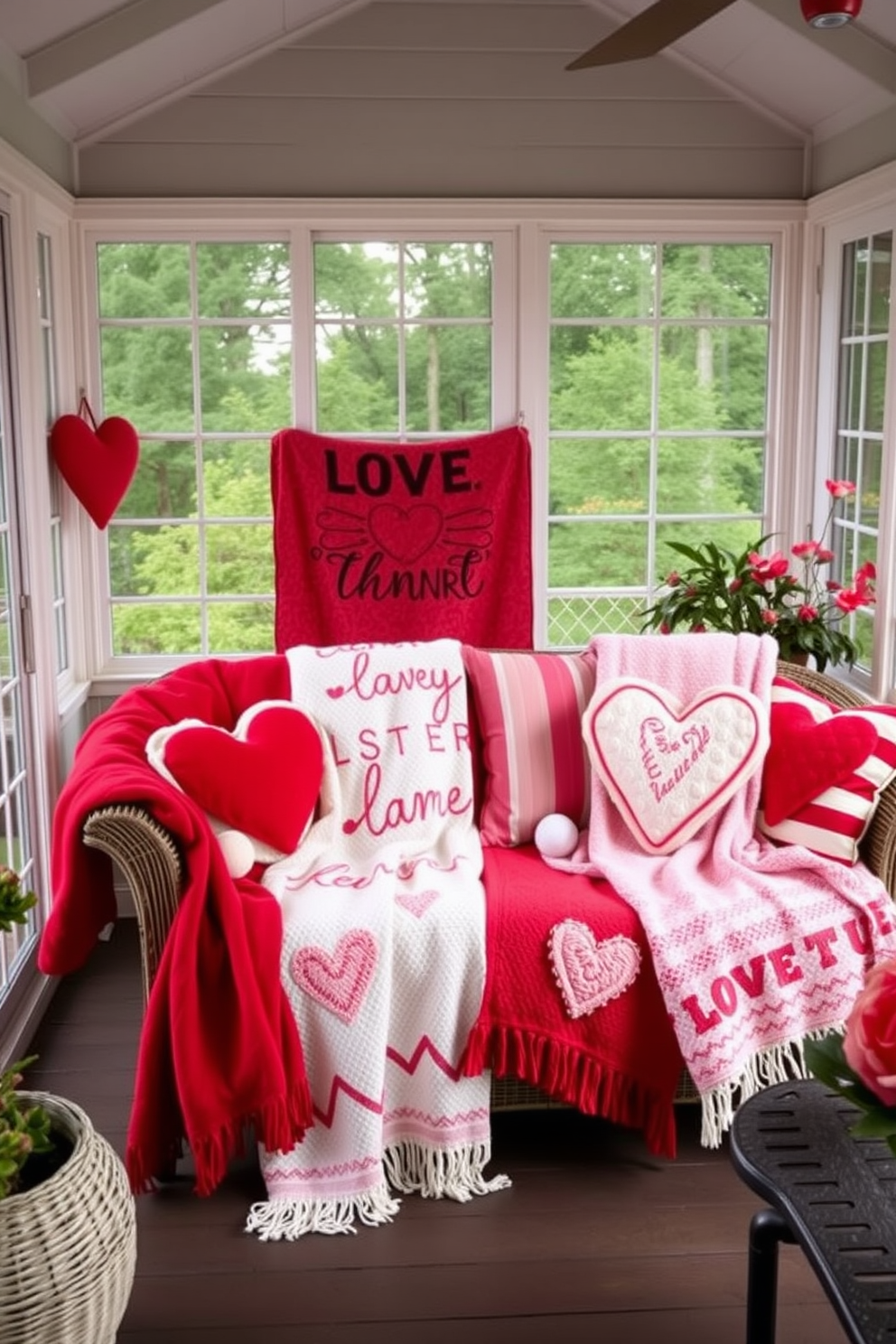 A cozy sunroom adorned with seasonal Valentine themed throw blankets in shades of red and pink. The blankets are draped over a comfortable wicker sofa, complemented by heart-shaped cushions and soft ambient lighting.