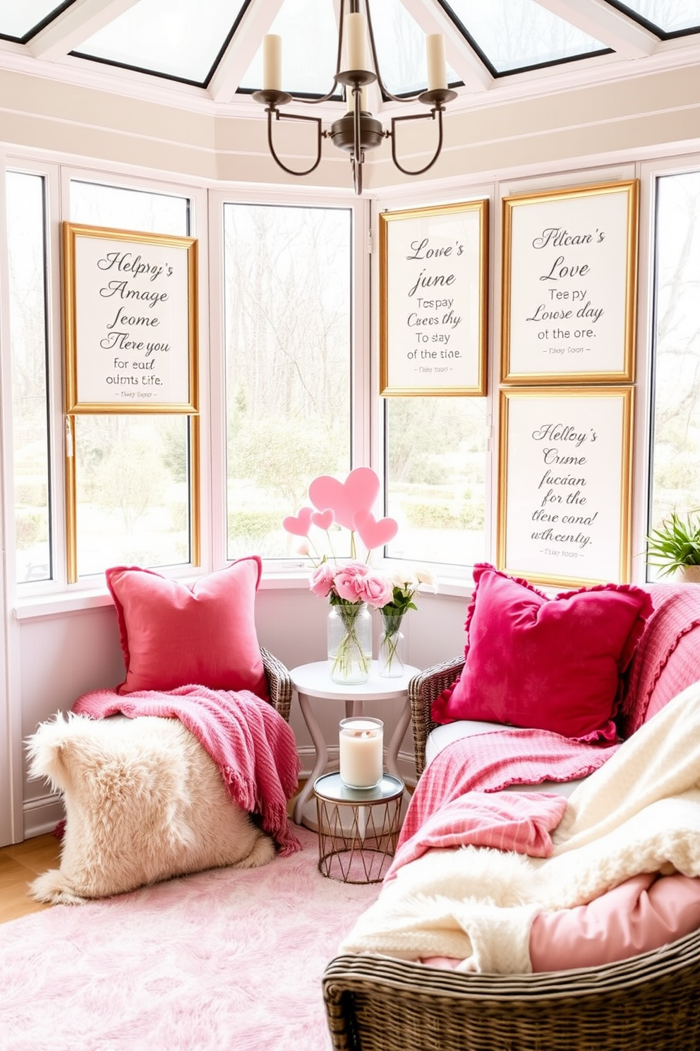 A cozy sunroom filled with natural light. The walls are adorned with beautifully framed love quotes in elegant frames, creating a romantic atmosphere. Soft pastel decorations are tastefully arranged throughout the space, celebrating Valentine's Day. Plush cushions and throws in shades of pink and red enhance the inviting feel of the room.