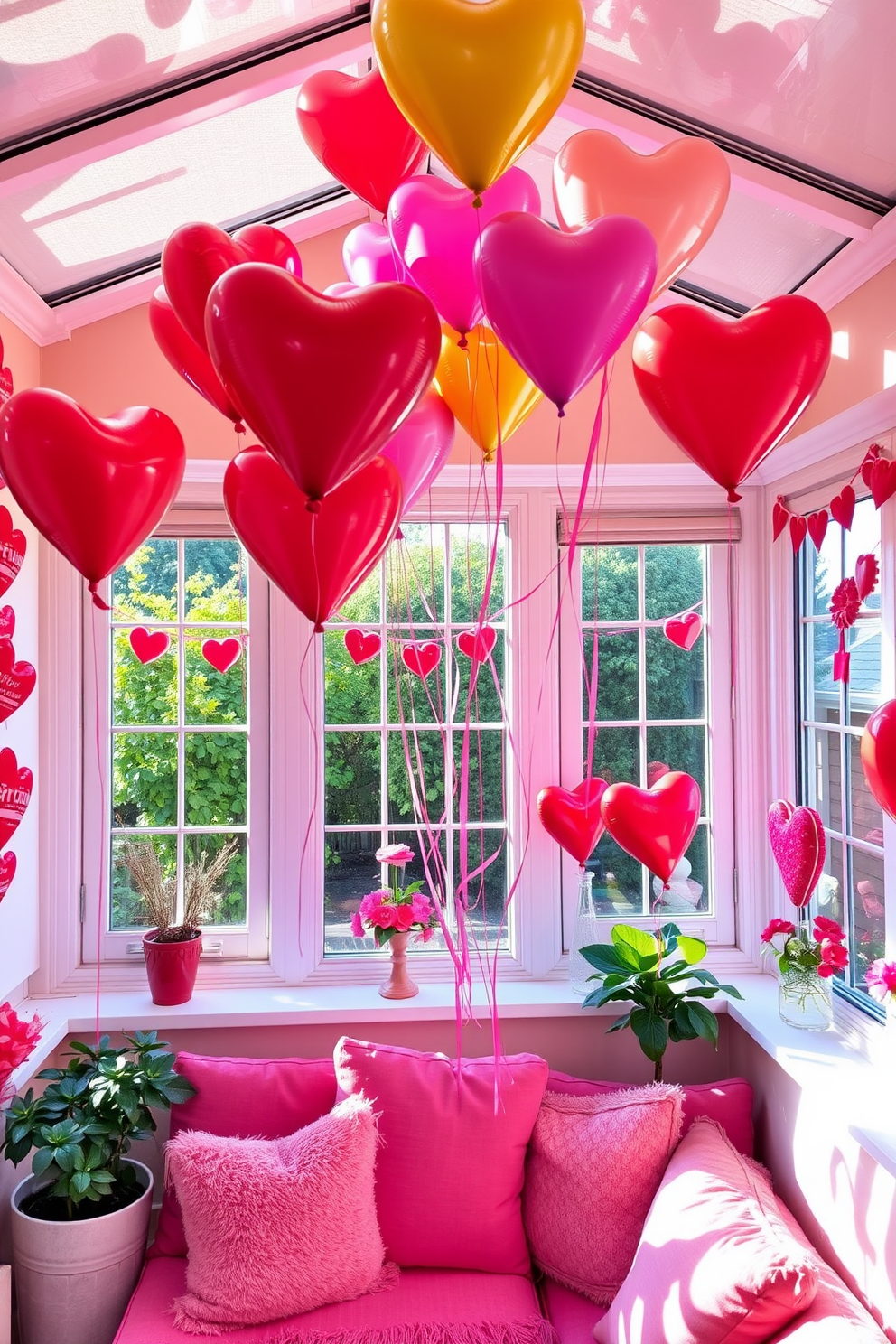 A cozy sunroom filled with natural light features a stylish coffee table adorned with an array of love-themed books. Surrounding the table are comfortable seating options, draped with soft throws in shades of red and pink, creating a romantic atmosphere perfect for Valentine's Day.