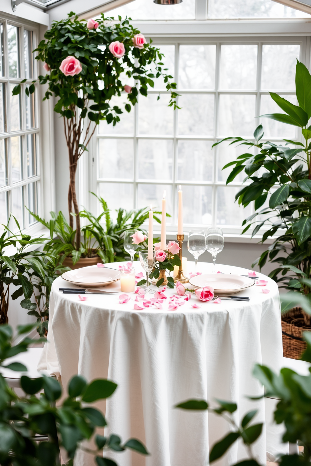 A cozy sunroom filled with natural light and decorated for Valentine's Day. There are several scented candles arranged on a rustic wooden table, emitting seasonal scents of vanilla and cinnamon. Plush seating with soft throw pillows in shades of pink and red invites relaxation. Heart-shaped decor hangs from the windows, adding a festive touch to the warm atmosphere.