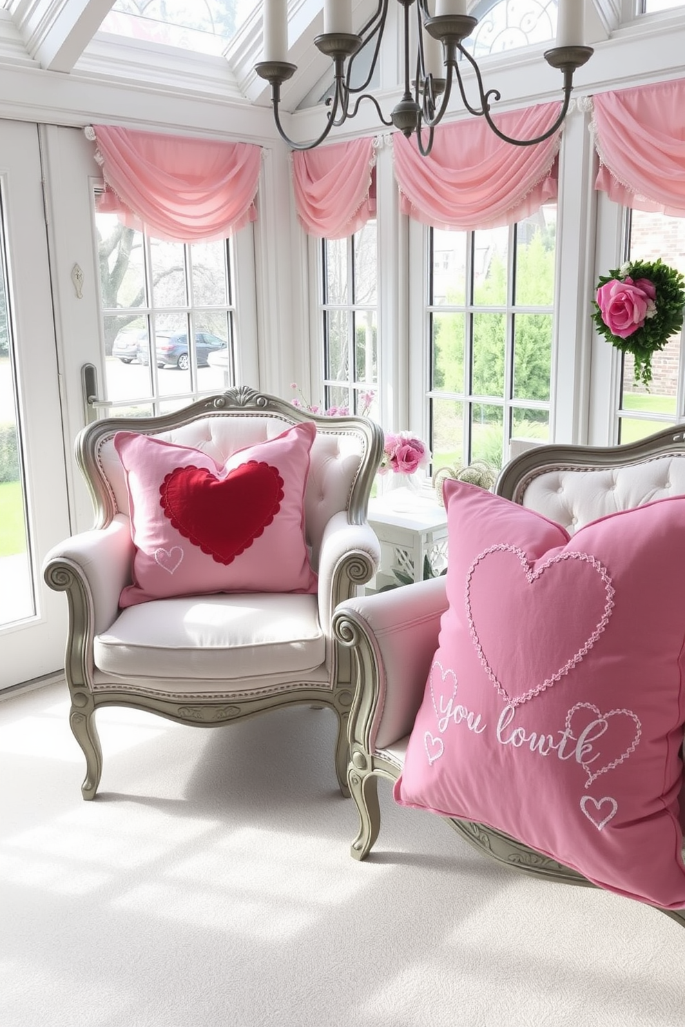 Valentine themed cushions are placed on elegant chairs in a bright and airy sunroom. The cushions feature soft fabrics in shades of pink and red, adorned with heart patterns and delicate embroidery.