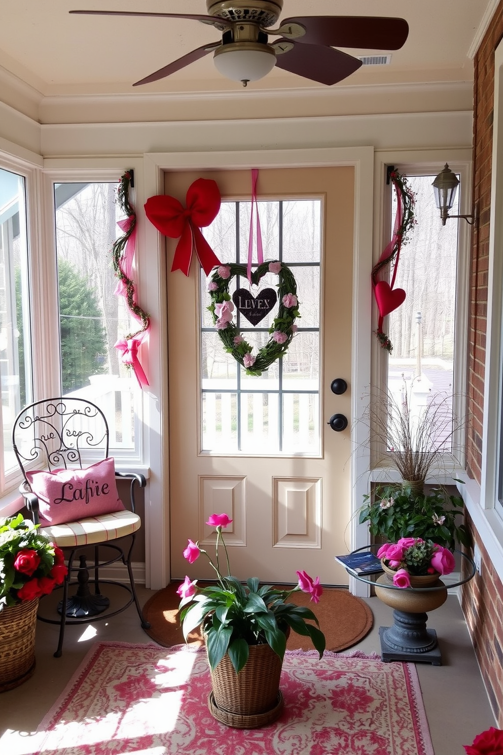 A heart-shaped wreath made of red and pink flowers adorns the front door, welcoming guests with a festive touch. The sunroom is filled with soft pastel decorations, featuring heart-themed pillows and cozy throws that create a warm and inviting atmosphere for Valentine's Day.