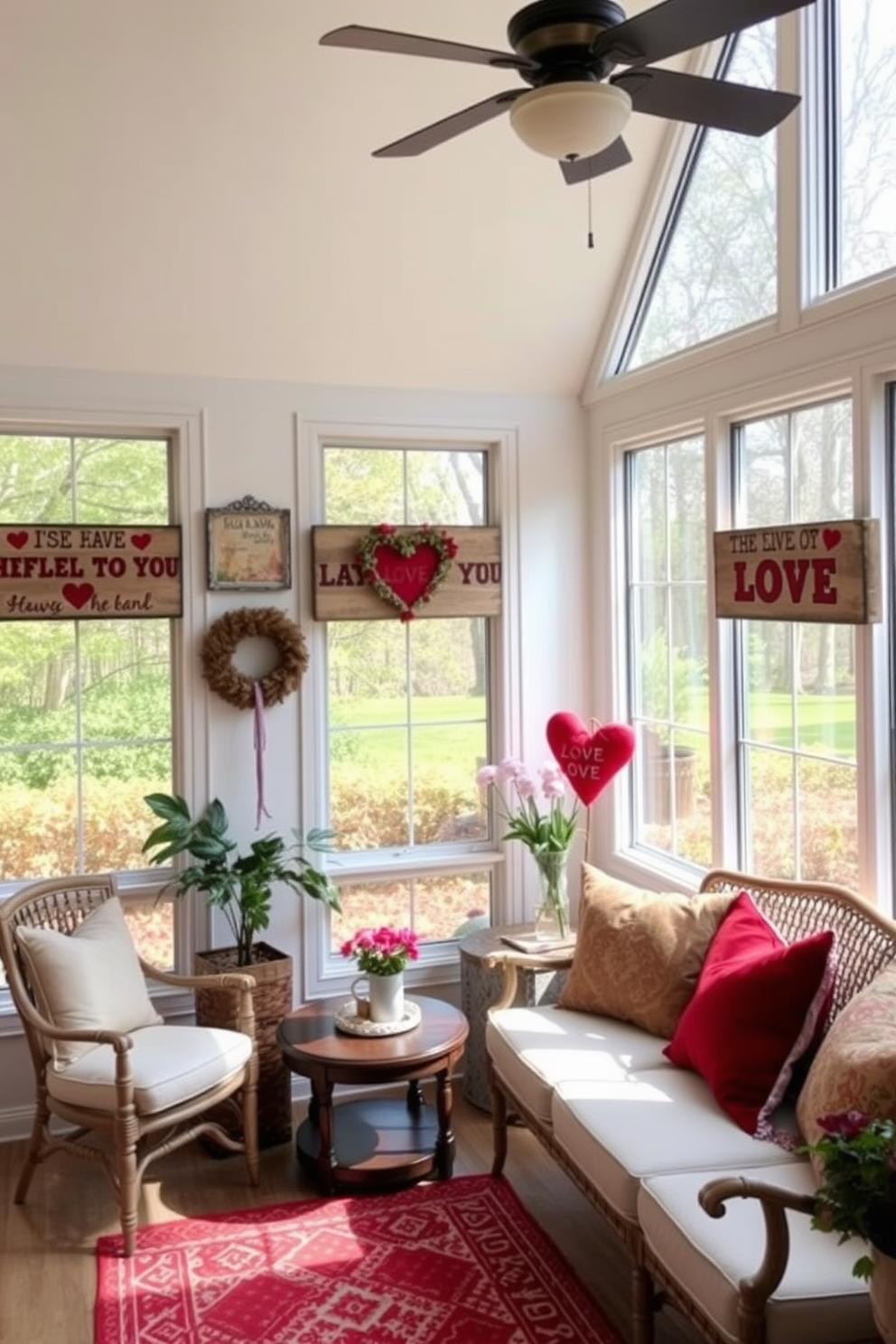 A cozy sunroom adorned with rustic wooden signs featuring heartfelt love messages. Soft, natural light filters through large windows, illuminating the space filled with comfortable seating and seasonal decorations for Valentine's Day.