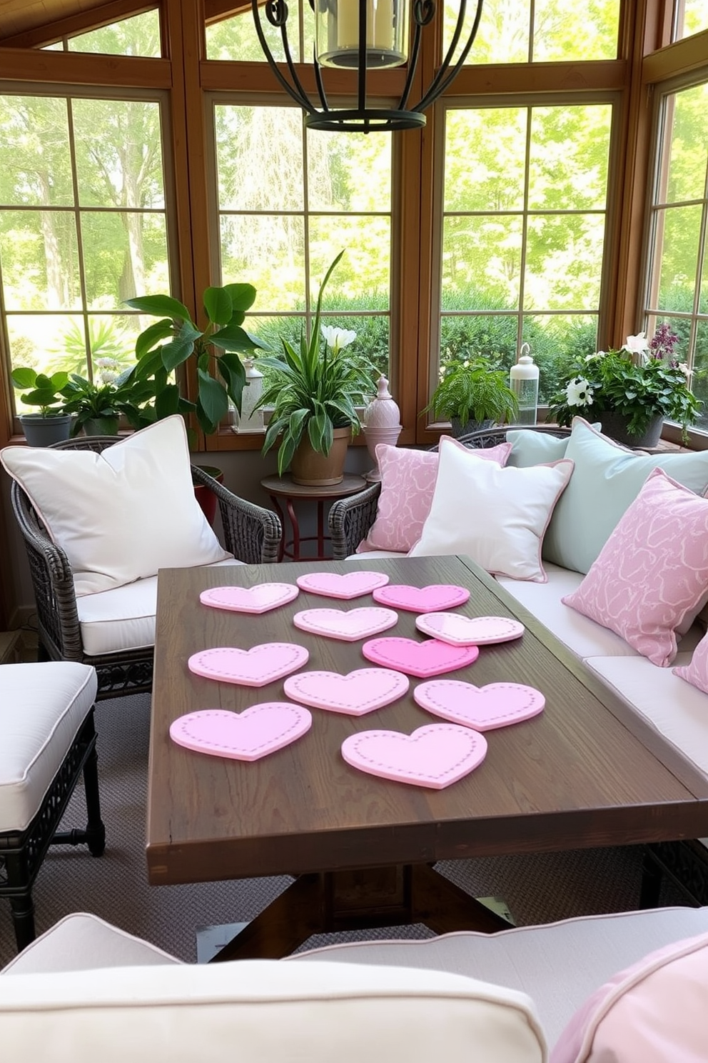 A cheerful sunroom adorned with whimsical heart-shaped coasters scattered across a rustic wooden table. Soft, pastel-colored cushions are placed on a cozy seating area, creating an inviting atmosphere perfect for Valentine's Day celebrations.