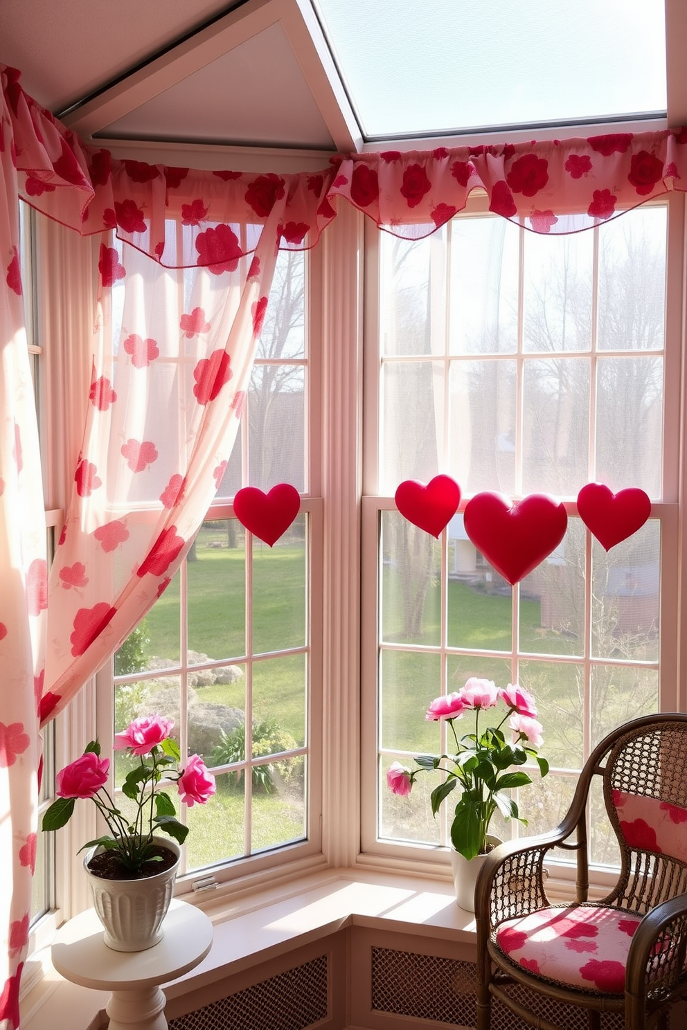 A charming sunroom adorned with red and pink floral curtains that billow gently in the breeze. The space is filled with natural light, creating a warm and inviting atmosphere perfect for Valentine's Day celebrations.