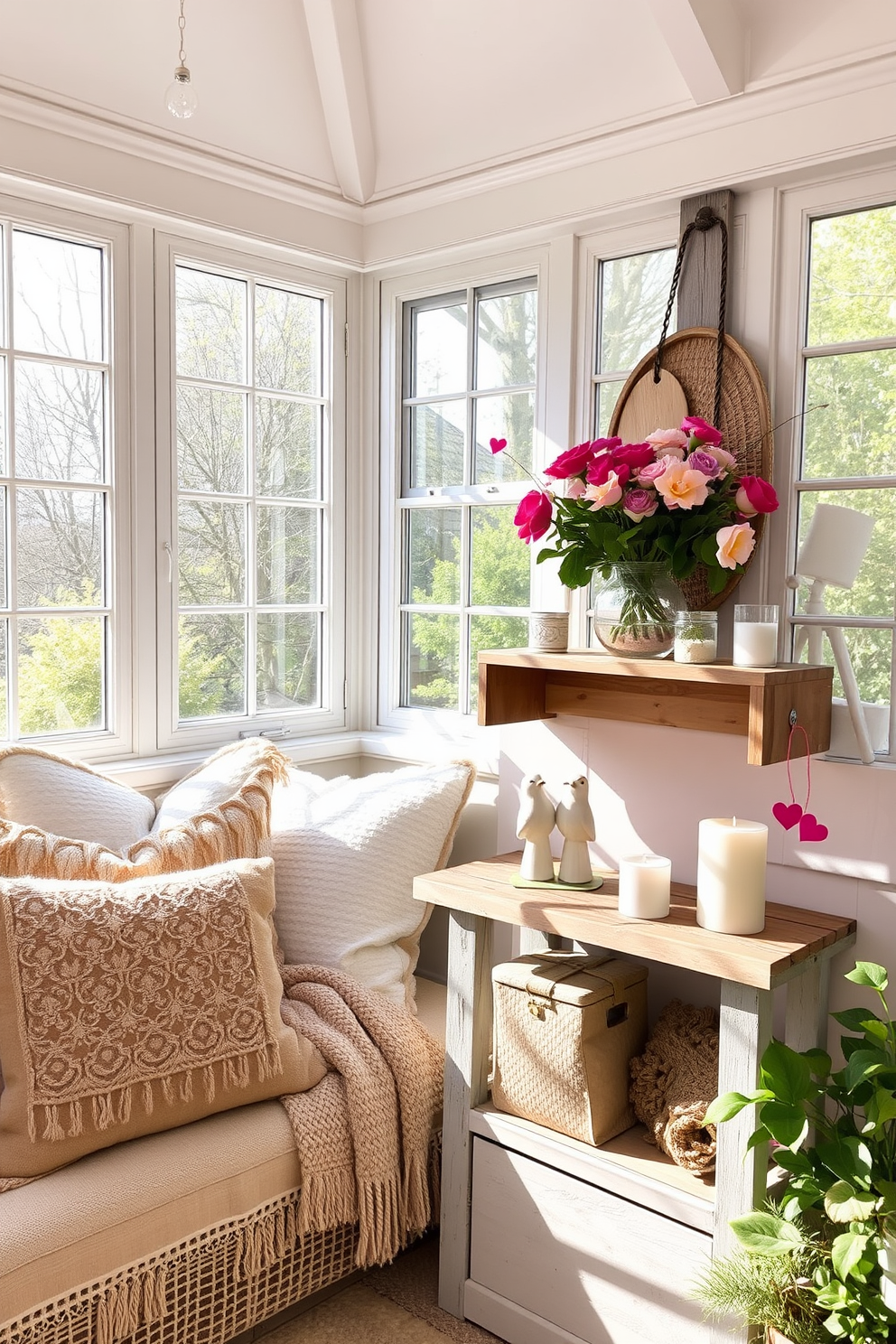 A charming sunroom filled with natural light features a cozy seating area adorned with soft cushions and throws. On a rustic wooden shelf, delightful lovebird figurines are displayed alongside fresh flowers and romantic candles, creating a warm and inviting atmosphere for Valentine's Day.