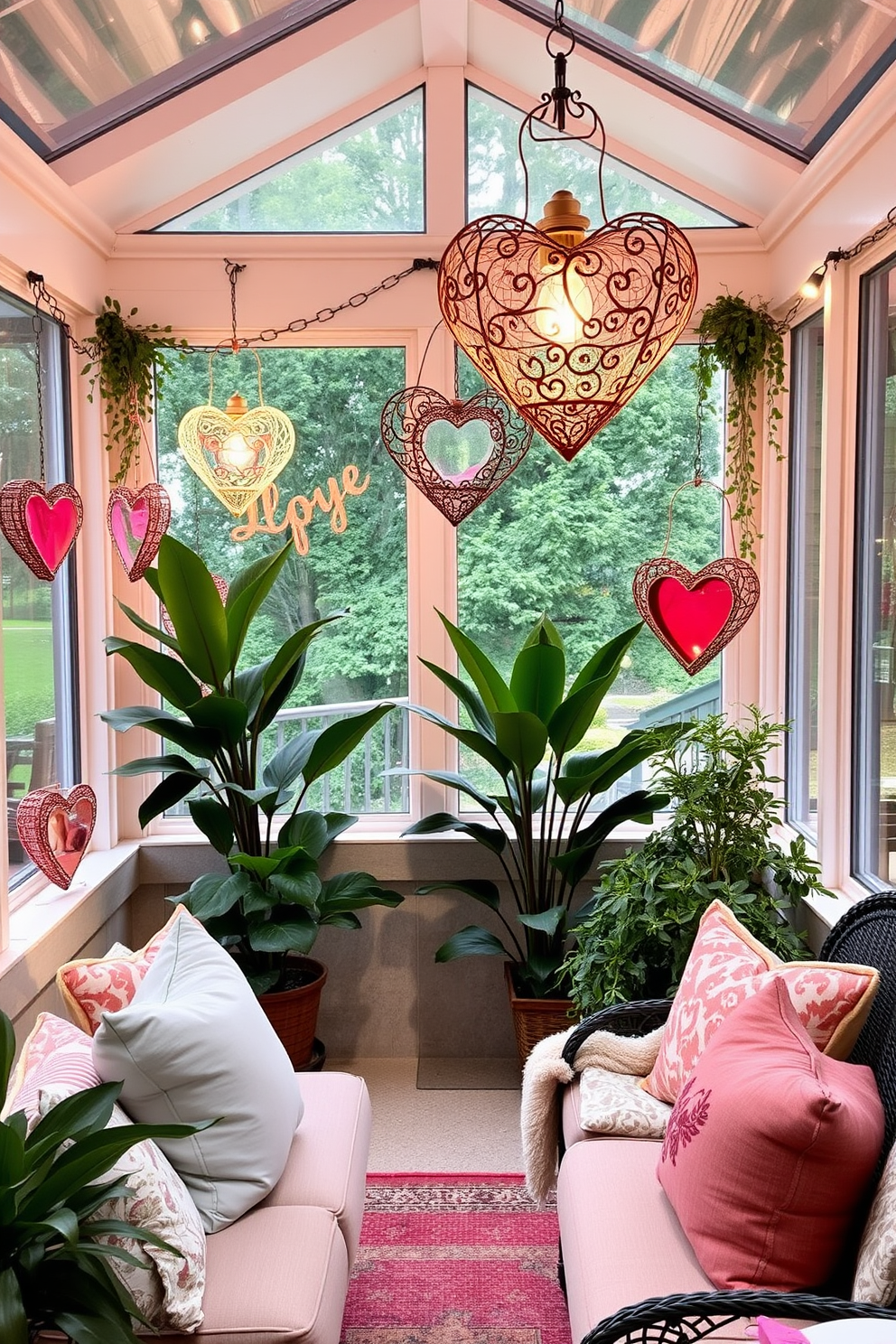 A cozy sunroom filled with natural light and adorned with a collage of cherished love memories. The walls are decorated with framed photos in soft pastel colors, creating a warm and inviting atmosphere perfect for Valentine's Day.