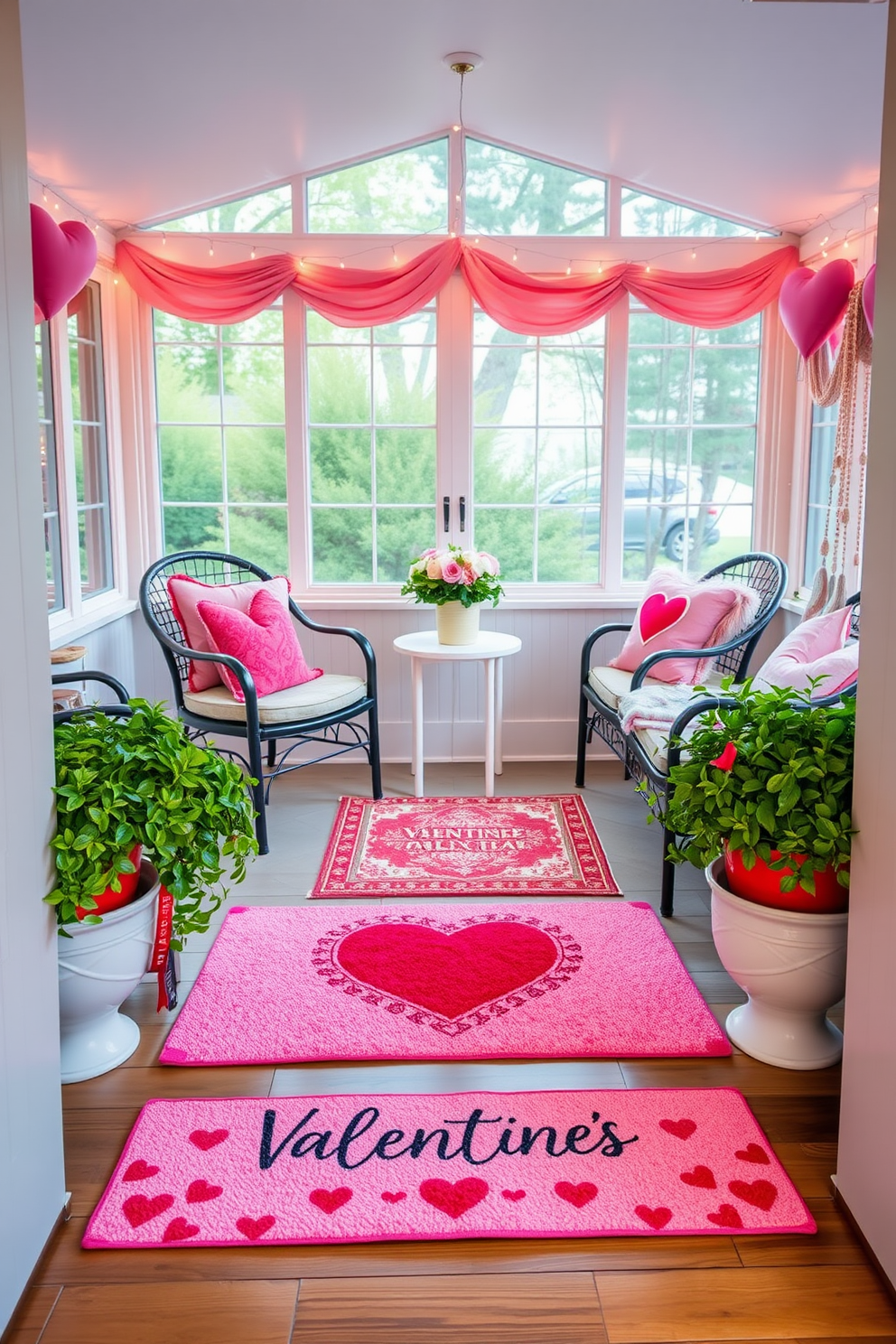 Valentine themed doormat at the entrance welcomes guests with a heart design in vibrant red and pink hues. Flanking the doormat are potted plants with lush greenery, enhancing the cheerful atmosphere. The sunroom is adorned with soft pastel decorations, including heart-shaped cushions on the seating. Delicate string lights are draped across the windows, creating a warm and inviting glow for a romantic setting.