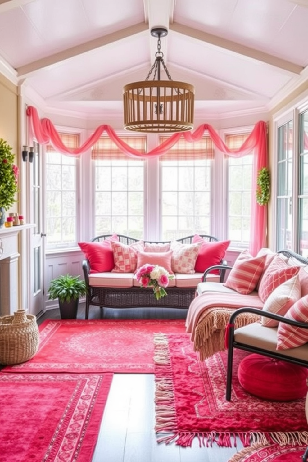 A cozy sunroom adorned with layered rugs in red and pink tones creates a warm and inviting atmosphere. Plush cushions in complementary colors are scattered across a comfortable seating area, enhancing the festive vibe for Valentine's Day.