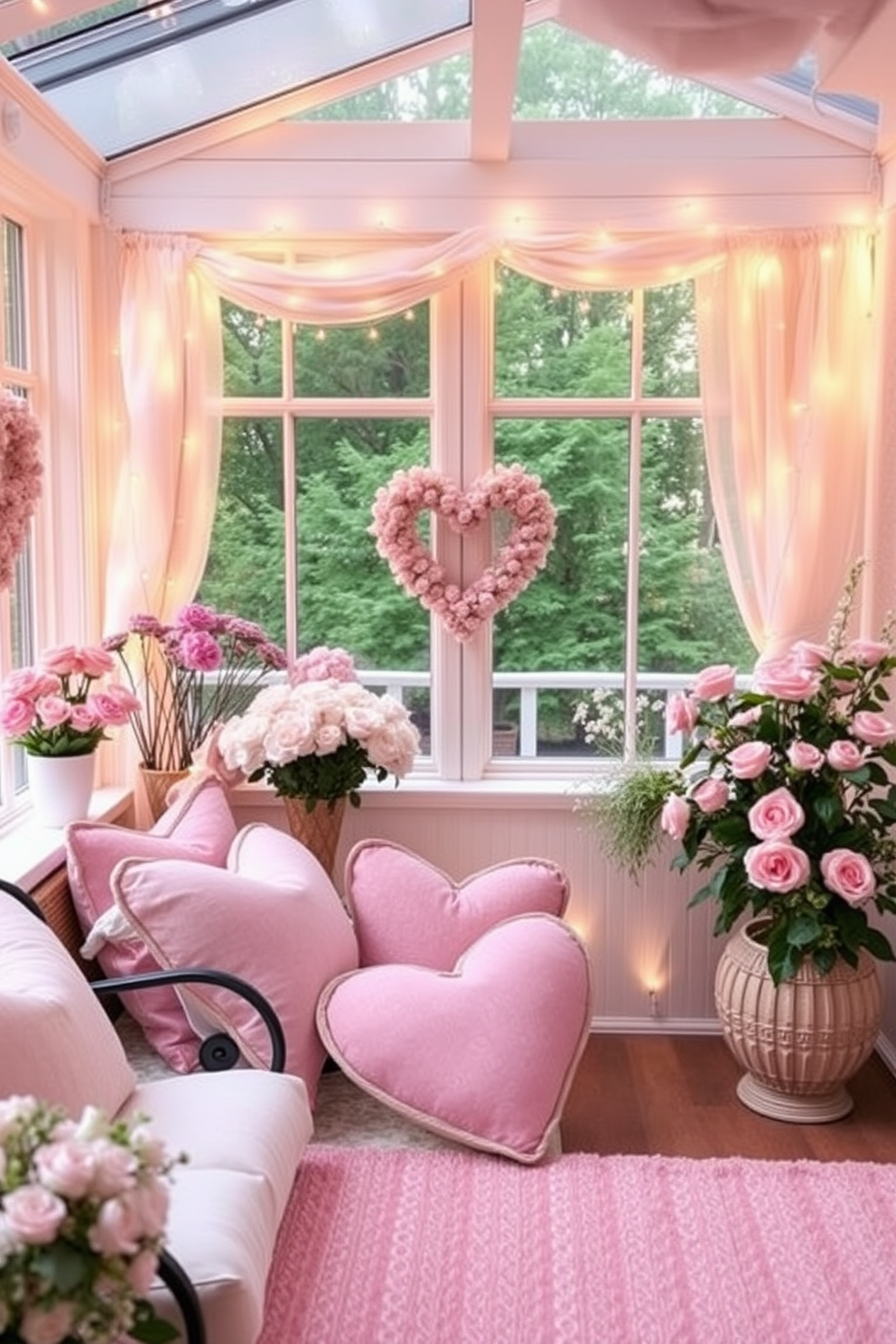 A romantic music playlist for ambiance featuring soft acoustic melodies and gentle instrumental tunes. The playlist should create a warm and inviting atmosphere perfect for intimate gatherings or cozy evenings at home. Sunroom Valentine's Day decorating ideas with soft pastel colors and delicate floral arrangements. Incorporate heart-shaped cushions and twinkling fairy lights to enhance the romantic vibe.