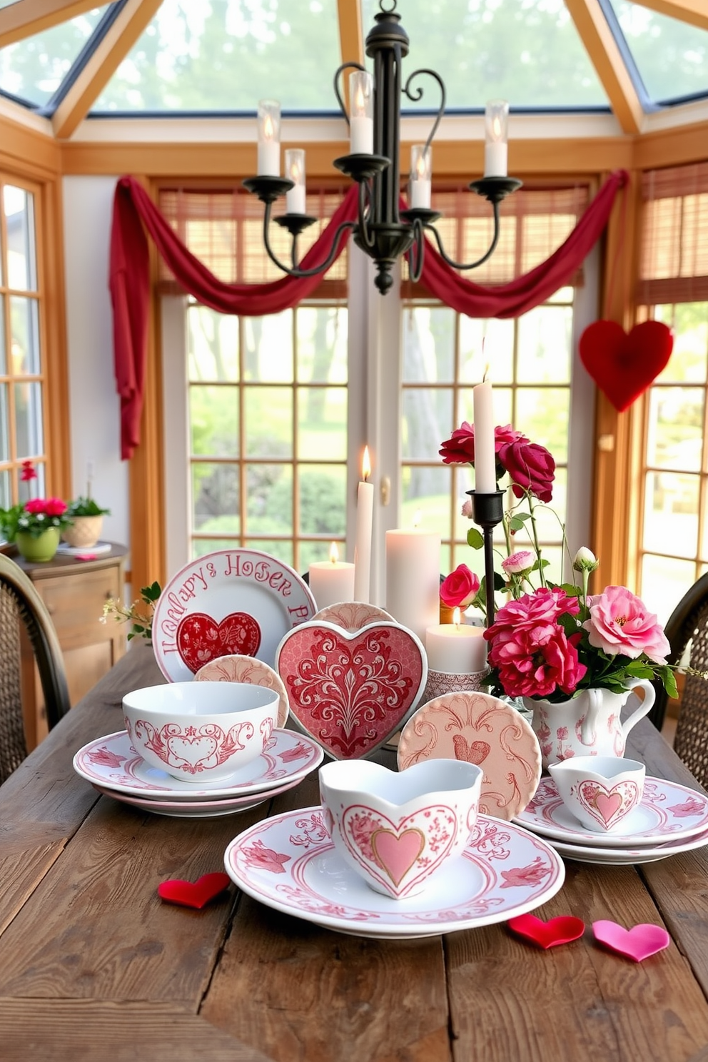 A heart-themed ceramic dishware display is elegantly arranged on a rustic wooden table in the sunroom. The dishware features intricate designs in shades of red and pink, complemented by soft candlelight and fresh flowers for a romantic Valentine's Day ambiance.