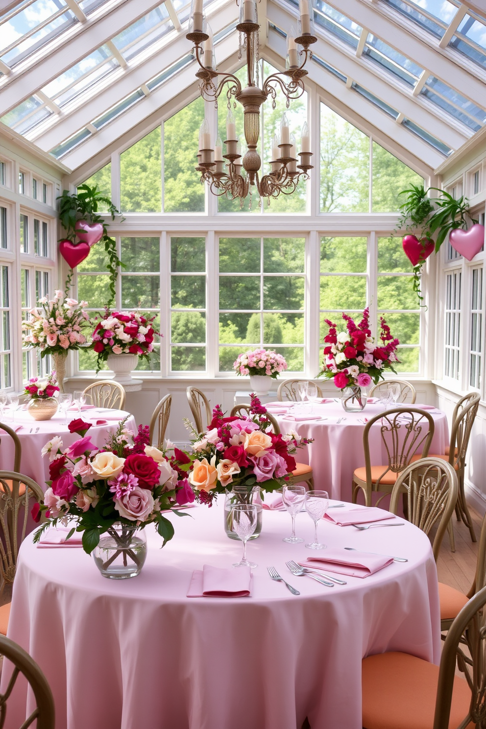 A sunroom filled with natural light showcases elegant tables adorned with seasonal floral arrangements. The vibrant colors of the flowers complement the soft, pastel decor, creating a warm and inviting atmosphere for Valentine's Day celebrations.