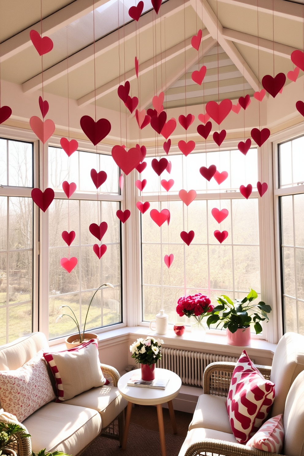 A cozy sunroom adorned with hanging paper heart garlands creates a warm and inviting atmosphere. Soft natural light filters through large windows, illuminating the space filled with comfortable seating and cheerful decorations for Valentine's Day.