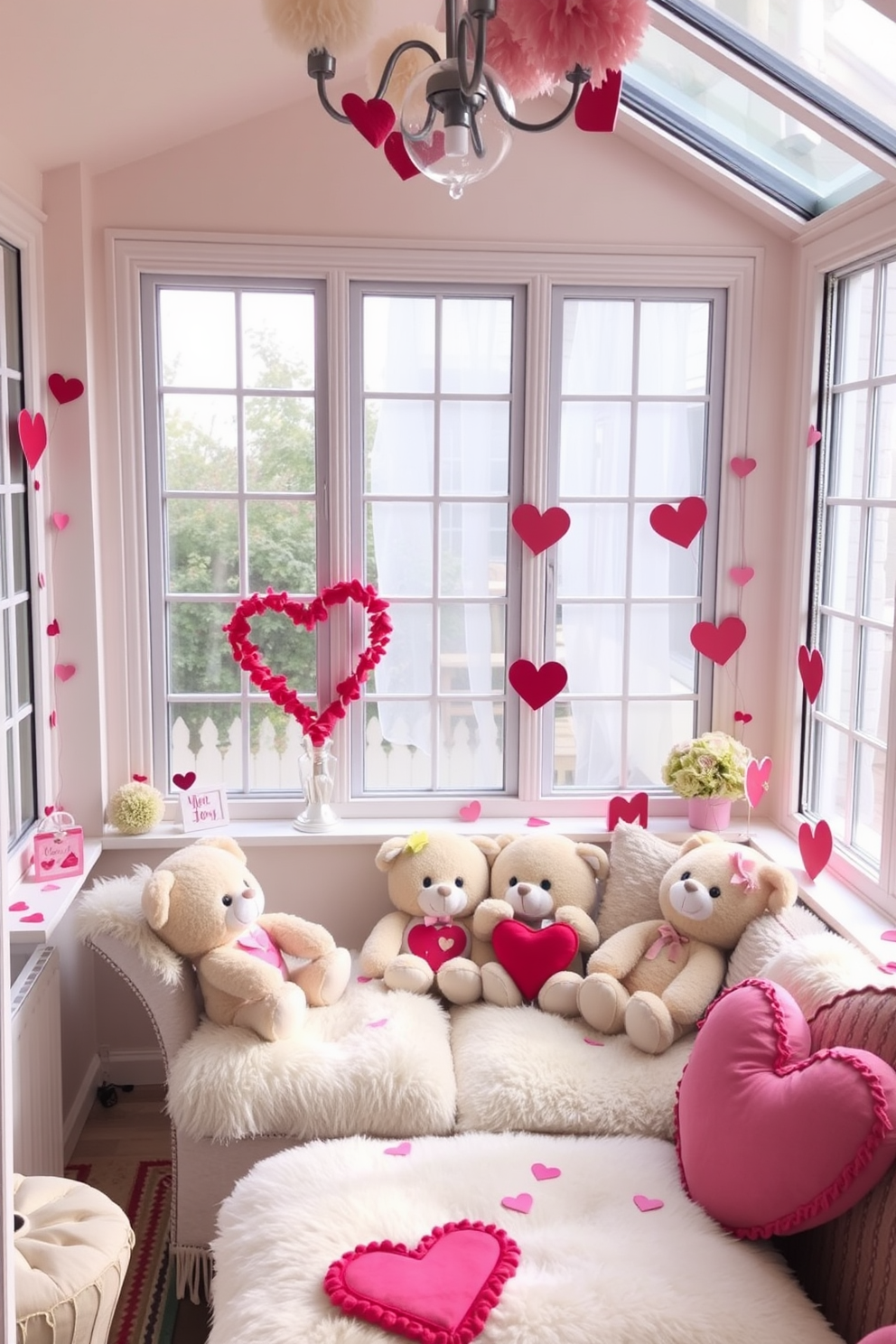 A sunroom filled with natural light features a cozy seating area adorned with cute stuffed animals nestled on plush cushions. The space is decorated with soft pastel colors, and heart-themed accents are scattered throughout to celebrate Valentine's Day.