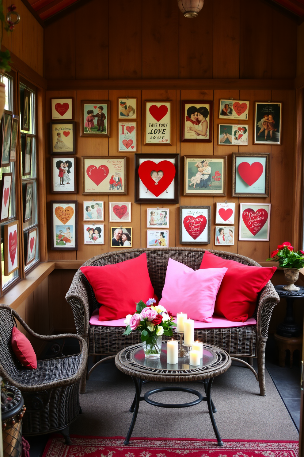 A charming sunroom filled with vintage Valentine postcards adorning the walls. The postcards are framed in rustic wood, creating a nostalgic atmosphere that celebrates love and romance. Bright red and soft pink cushions are scattered across a cozy wicker loveseat. A small coffee table holds a bouquet of fresh flowers and heart-shaped candles, enhancing the festive decor for Valentine's Day.