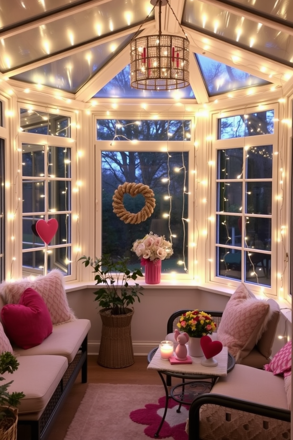 A cozy sunroom adorned with soft fairy lights that create a warm and inviting atmosphere. The space features a comfortable seating area with plush cushions and a small coffee table decorated with heart-themed accents for Valentine's Day.