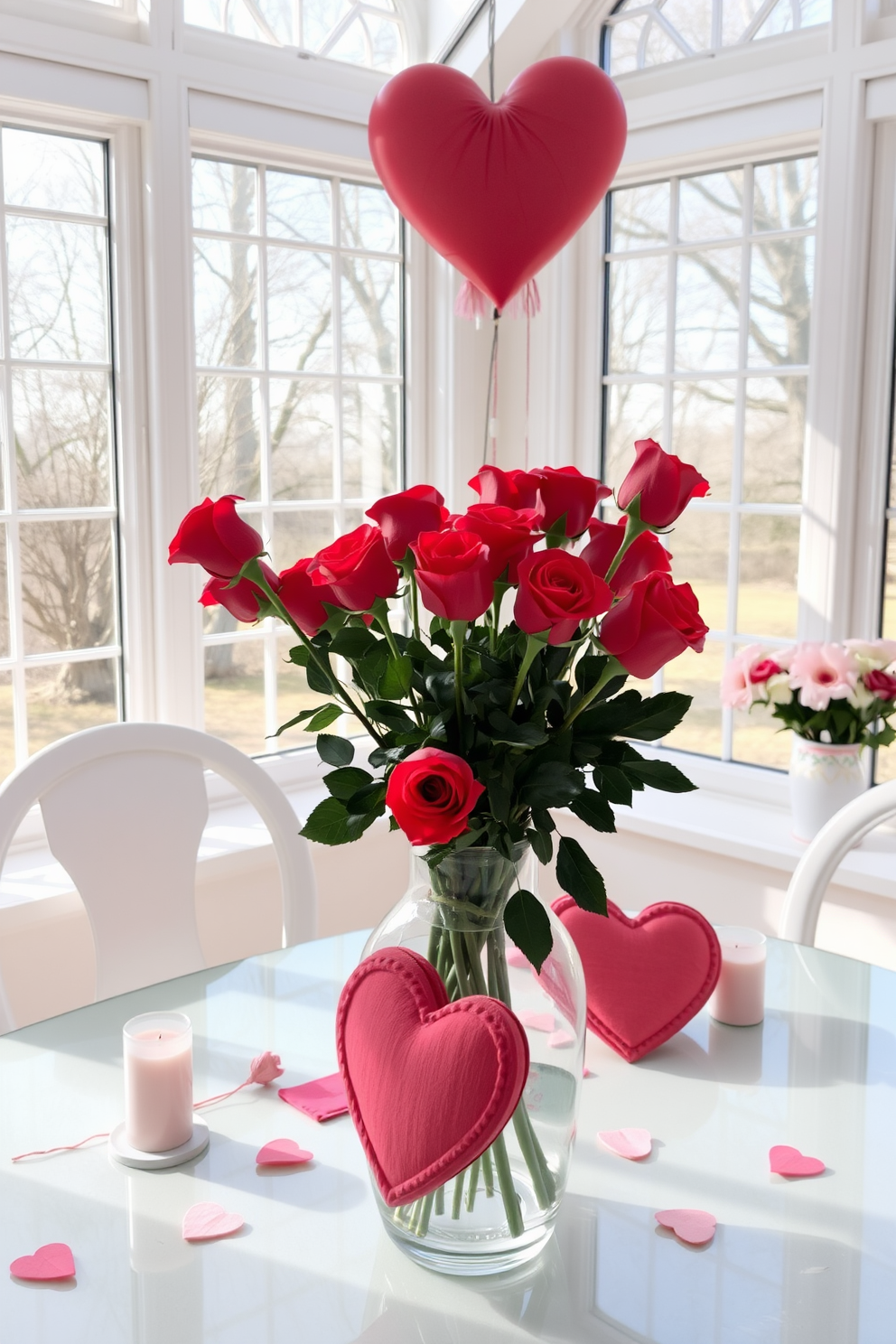 A sunroom filled with natural light showcases a beautiful floral garland adorned with vibrant red roses. The garland drapes elegantly across the window frame, creating a romantic atmosphere perfect for Valentine's Day celebrations.