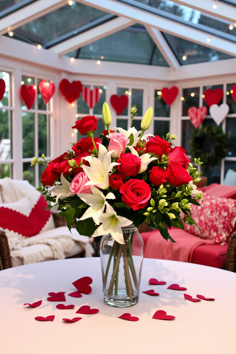 A cozy sunroom adorned for Valentine's Day features candles in elegant glass jars tied with delicate ribbons. Soft natural light filters through sheer curtains, illuminating the warm ambiance and creating a romantic atmosphere.