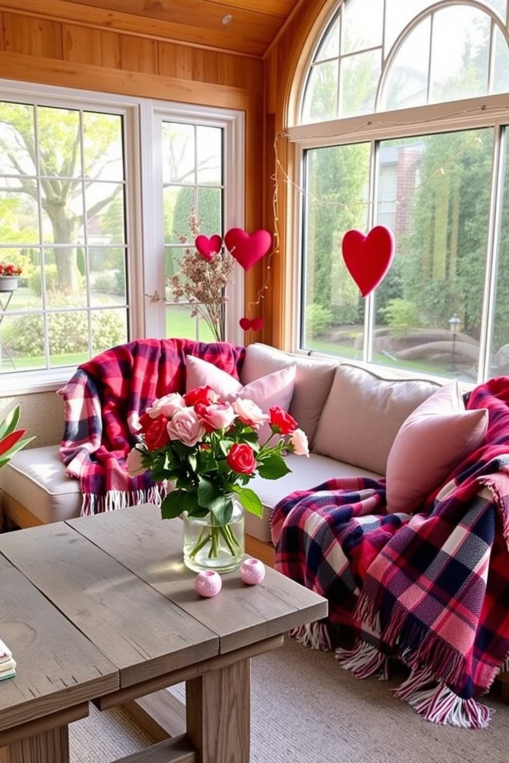 A cozy sunroom adorned with plaid blankets draped over a plush sofa, creating a warm and inviting atmosphere. Soft natural light filters through large windows, illuminating the space and enhancing the vibrant colors of the blankets. For Valentine's Day, the sunroom is decorated with heart-shaped cushions and delicate string lights that add a romantic touch. Fresh flowers in shades of pink and red are placed on a rustic wooden table, completing the festive ambiance.