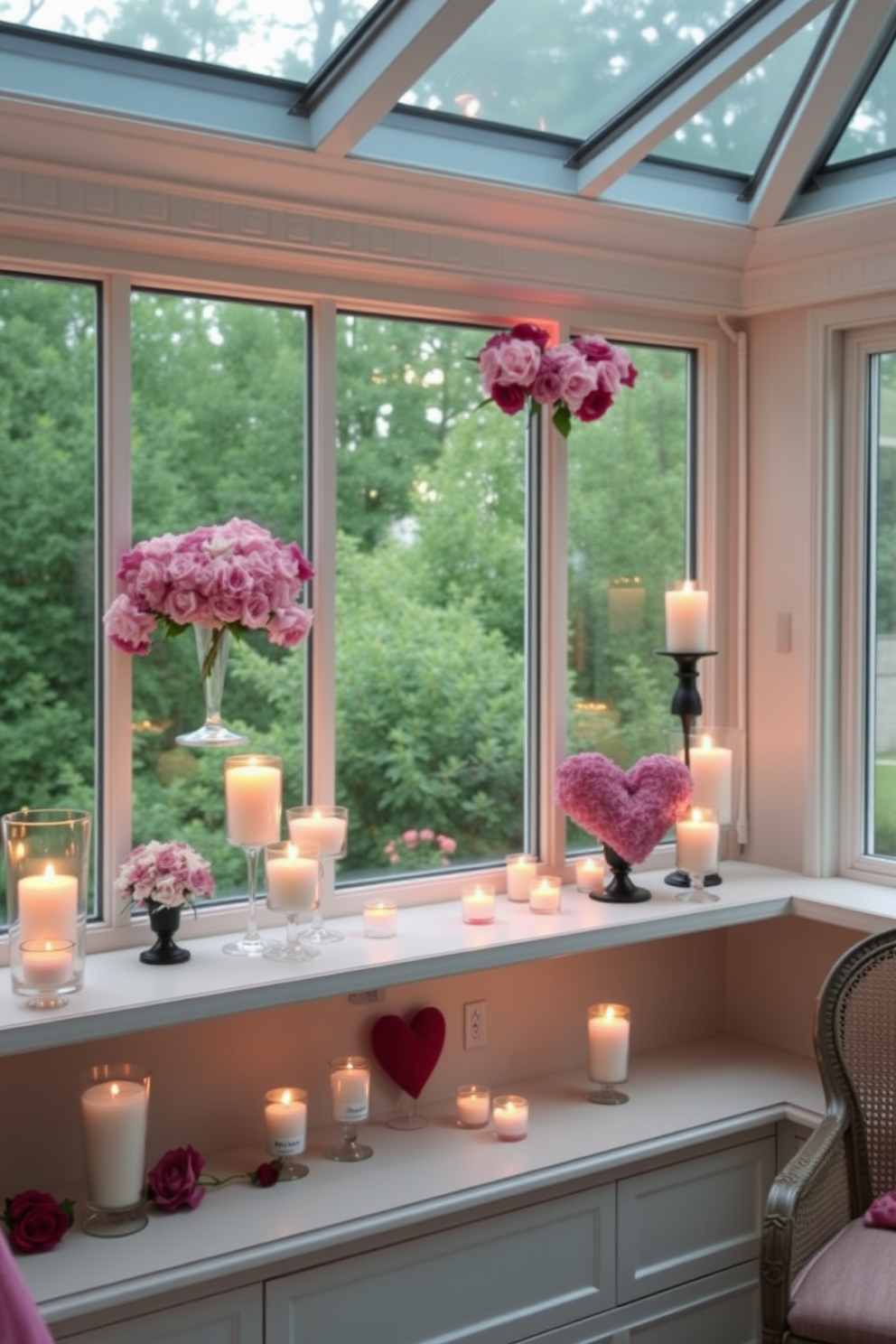 A cozy sunroom adorned for Valentine's Day features a red and white striped table runner elegantly draped over a rustic wooden dining table. Surrounding the table are comfortable wicker chairs, each topped with plush cushions in soft shades of pink and cream.