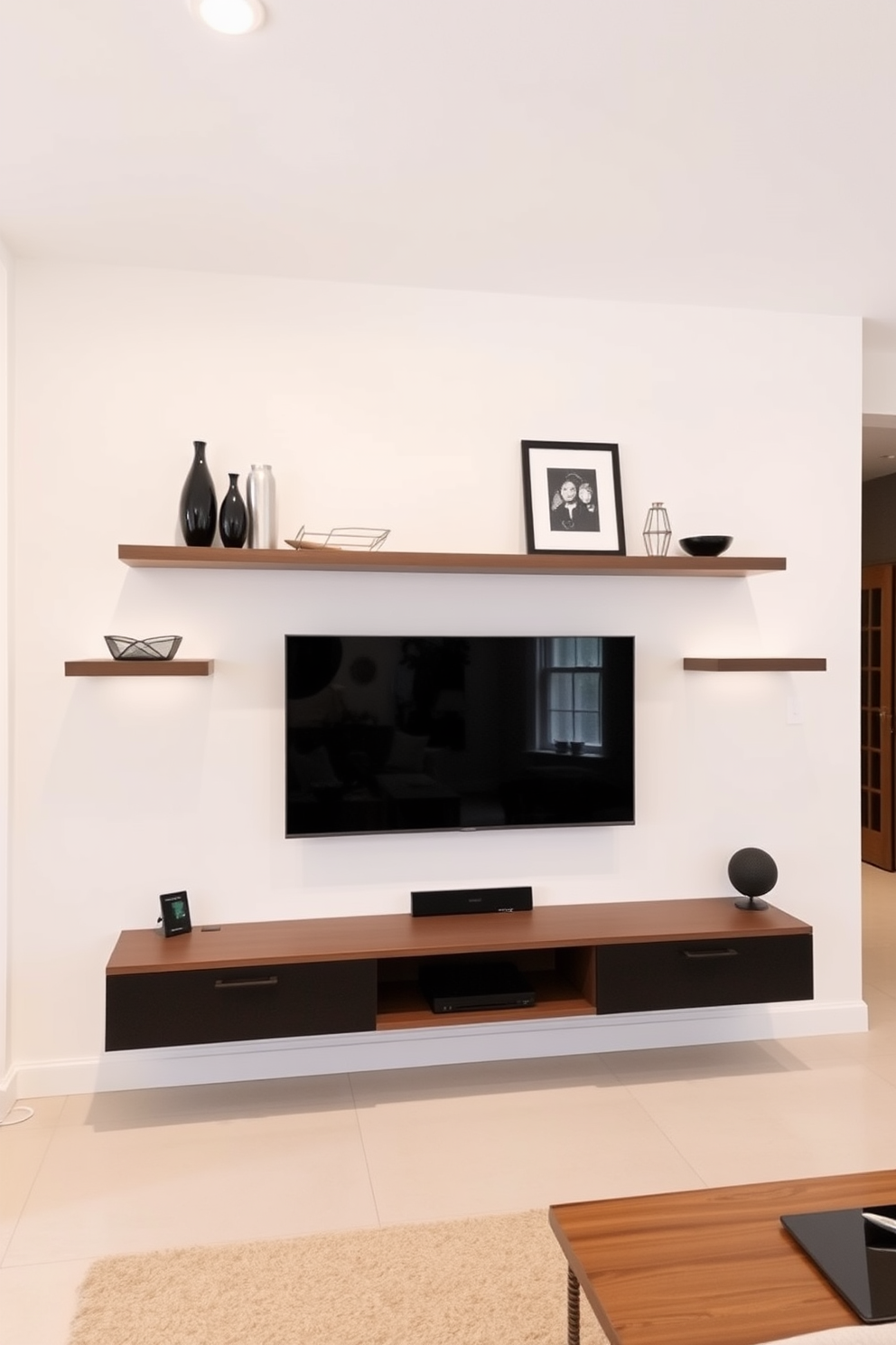 A modern minimalist TV wall features sleek floating shelves that create an airy feel in the living room. The wall is painted in a soft neutral color, providing a perfect backdrop for a large flat-screen TV and decorative items.