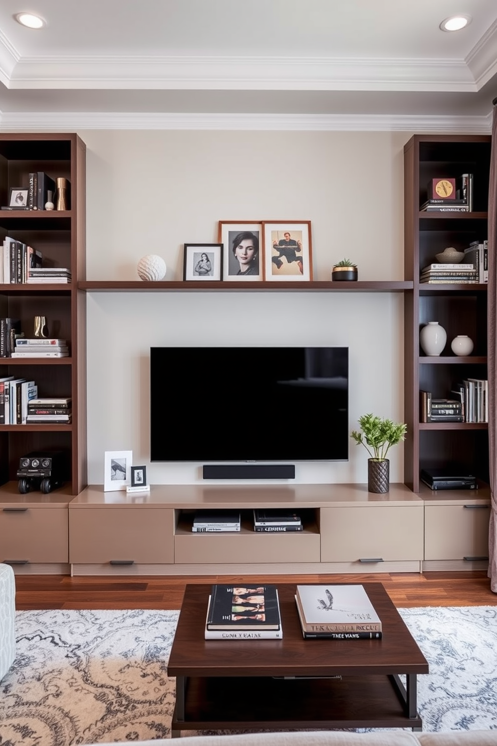 A stylish living room featuring open shelving that beautifully displays a curated collection of books and decorative items. The TV wall is designed with a modern aesthetic, incorporating sleek cabinetry and a mounted flat-screen television for a seamless look.