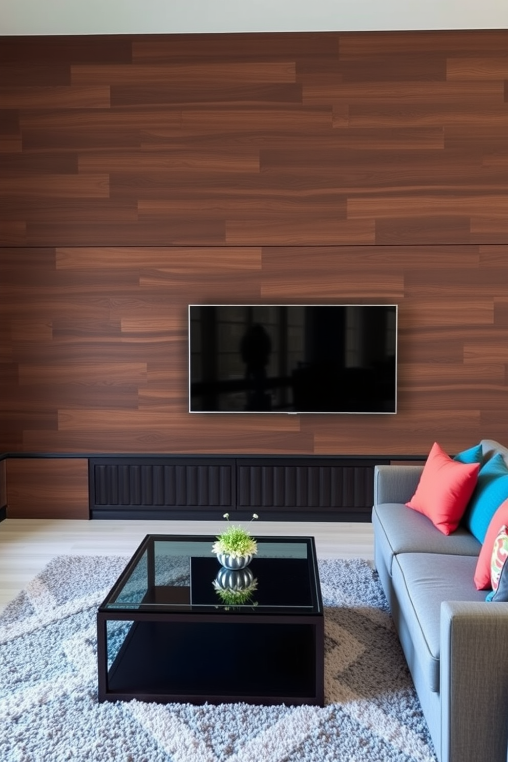 A striking dark wood feature wall serves as the backdrop for a modern living room. The wall is equipped with a sleek flat-screen TV, seamlessly integrated into the design. In front of the feature wall, a plush sectional sofa invites comfort, adorned with vibrant throw pillows. A stylish coffee table with a glass top sits at the center, complemented by a cozy area rug beneath.