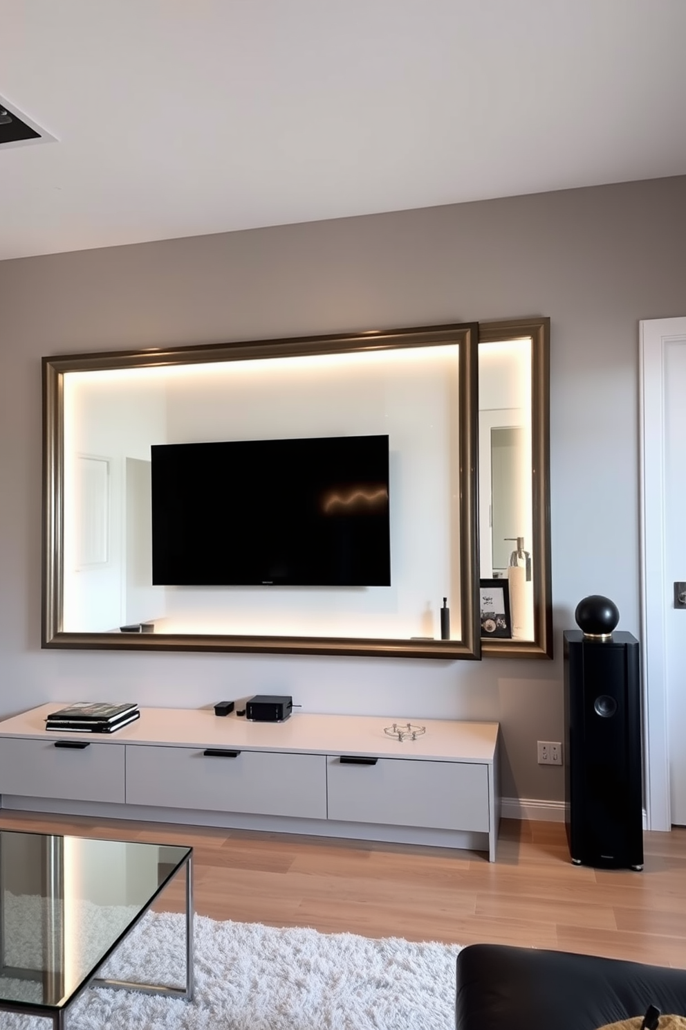 A stylish living room features a large framed mirror mounted behind the television, enhancing the sense of depth in the space. The TV wall is adorned with sleek cabinetry, providing both functionality and a modern aesthetic, while soft lighting highlights the design elements.