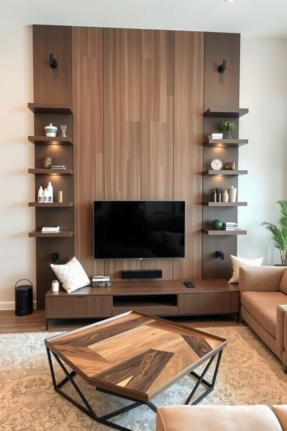 A contemporary living room featuring a mirrored wall that reflects natural light and creates an illusion of a larger space. The TV is mounted on a sleek wall unit with built-in shelves, complemented by a cozy sectional sofa and a stylish coffee table.