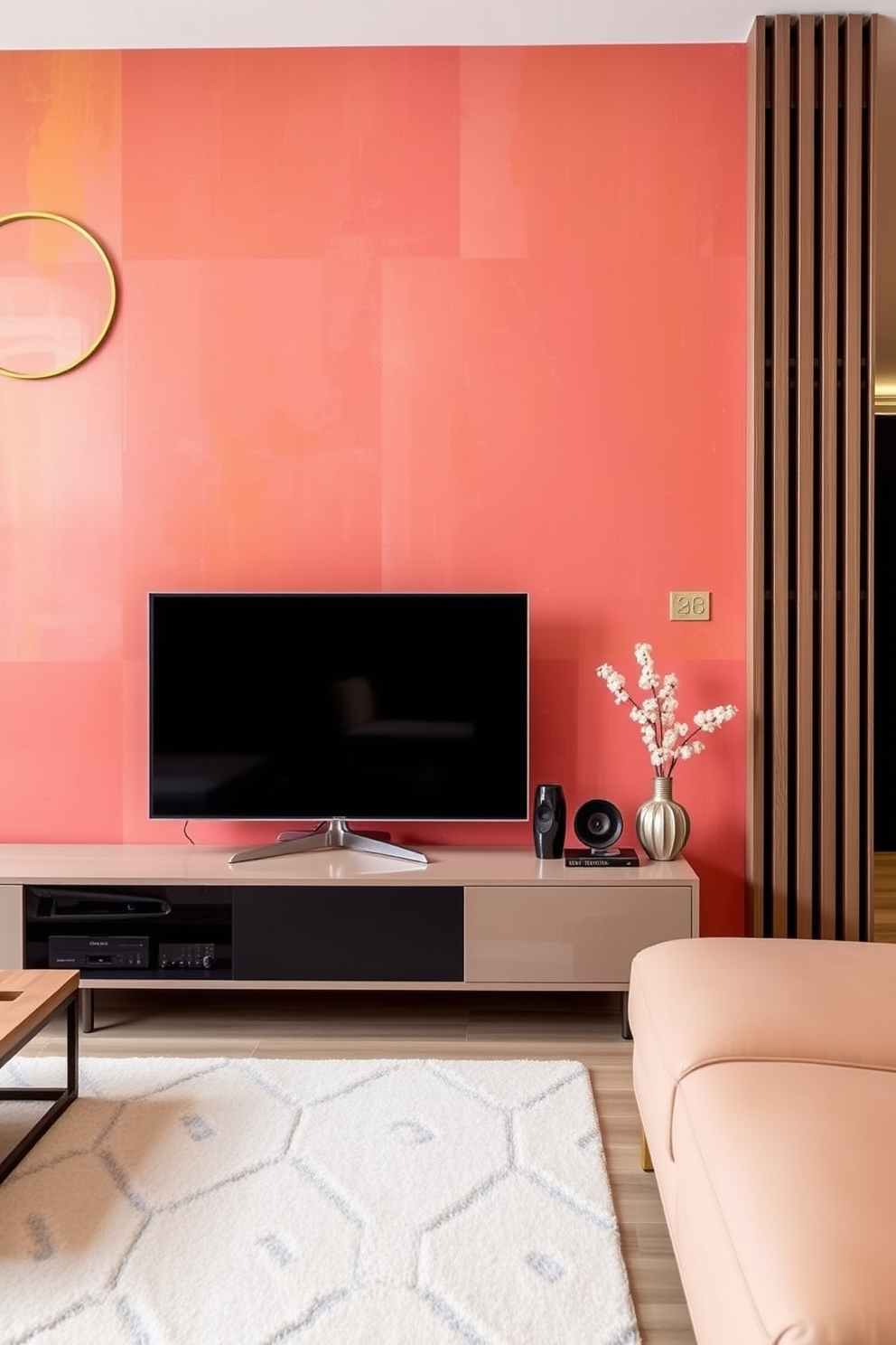 A cozy living room features rustic wood beams stretching across the ceiling above a modern TV setup. The walls are adorned with warm earth tones, and a plush sectional sofa invites relaxation in front of the entertainment center.