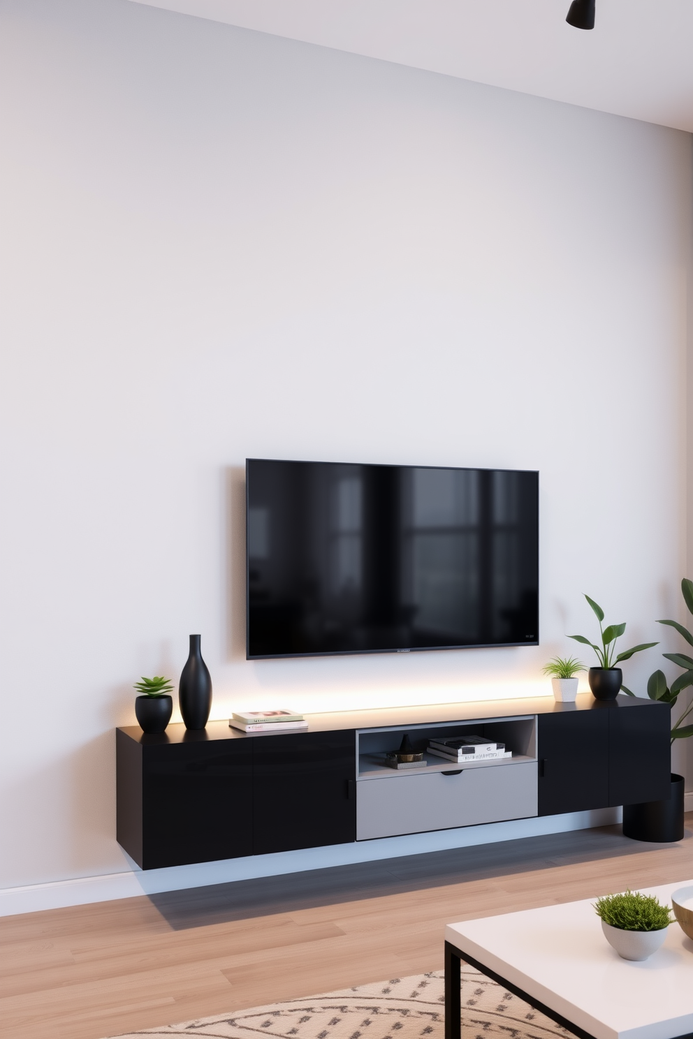 A sleek floating media console is mounted against a textured accent wall, providing a modern touch to the living room. The console features clean lines and a minimalist design, complementing a large flat-screen TV positioned above it. Soft ambient lighting highlights the console, creating a warm and inviting atmosphere. Surrounding the area are stylish decor pieces and potted plants that enhance the contemporary aesthetic of the space.