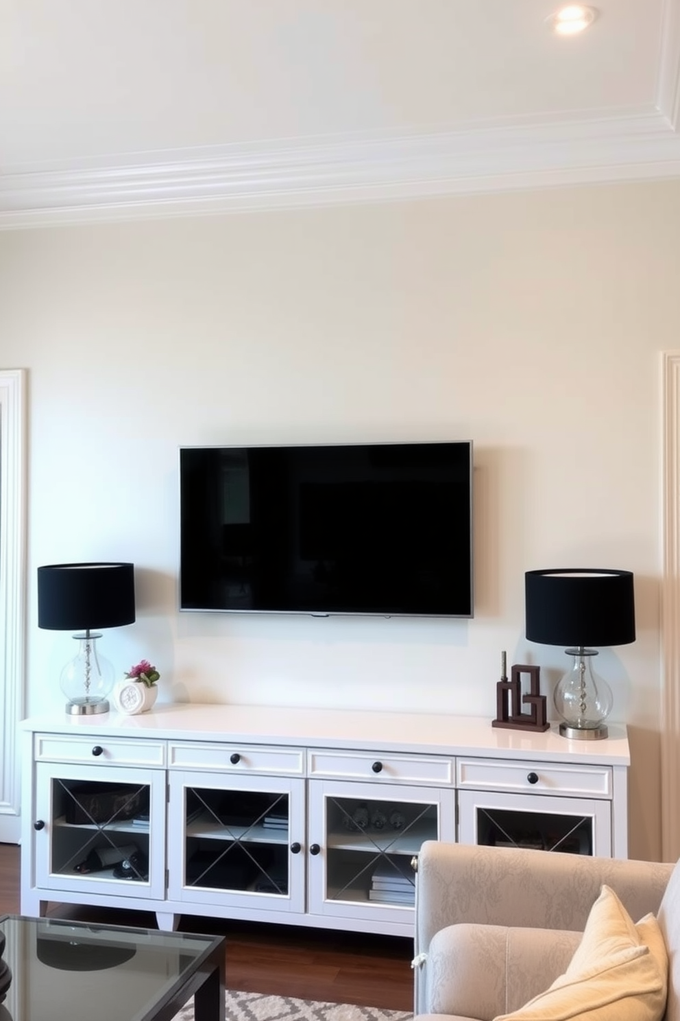 Crown molding elegantly frames the TV area, enhancing the sophistication of the living room. The wall features a sleek, modern TV mounted above a stylish console, complemented by decorative elements on either side.