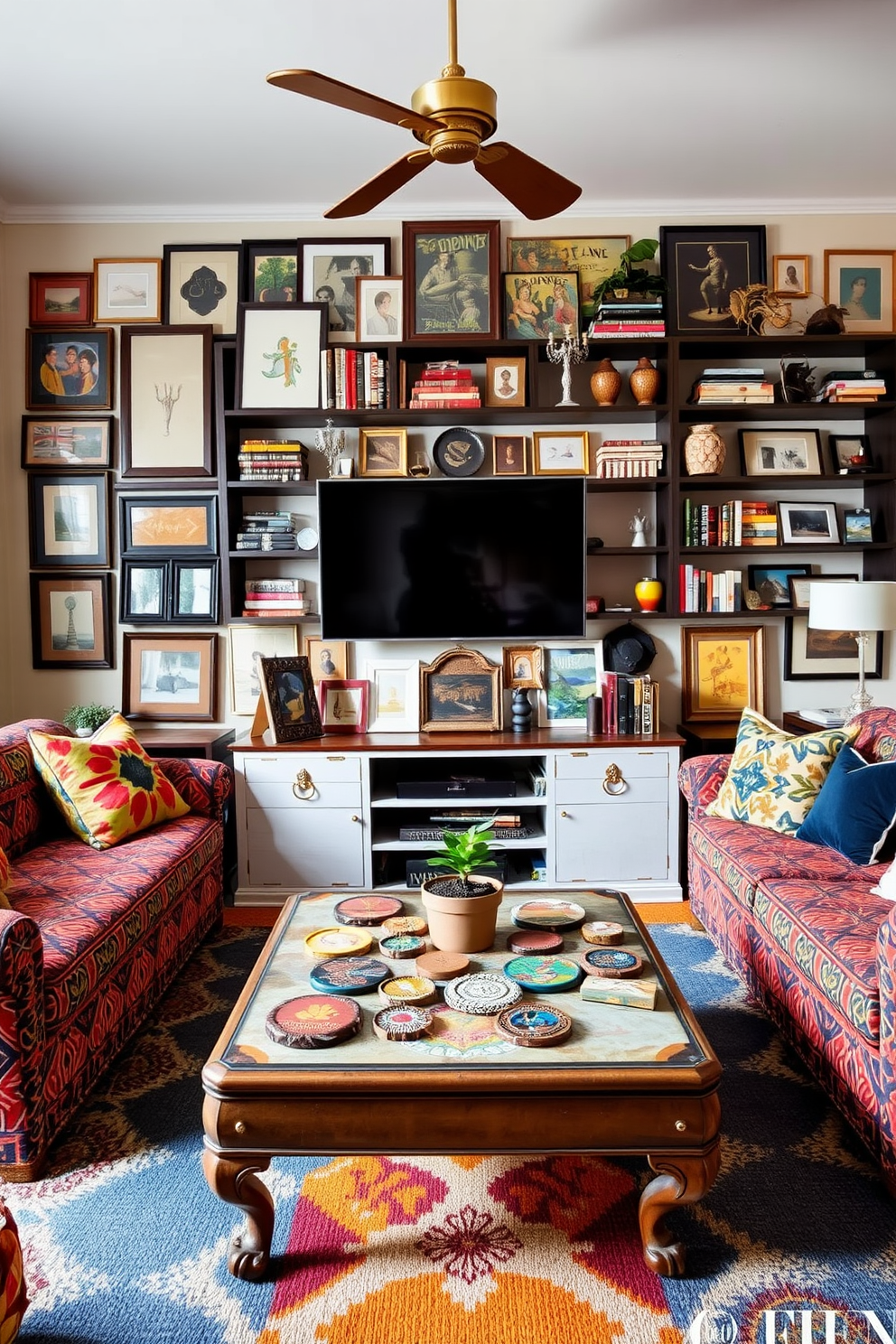 An eclectic living room design centered around a TV wall features a vibrant mix of decor styles and colors. The wall is adorned with a large flat-screen TV, surrounded by an array of framed art pieces, shelves filled with books, and decorative objects that reflect various cultures and eras. A cozy sectional sofa in a bold pattern faces the TV, complemented by mismatched throw pillows in different textures and hues. A vintage coffee table sits at the center, topped with a collection of unique coasters and a small potted plant, creating an inviting atmosphere for relaxation and entertainment.