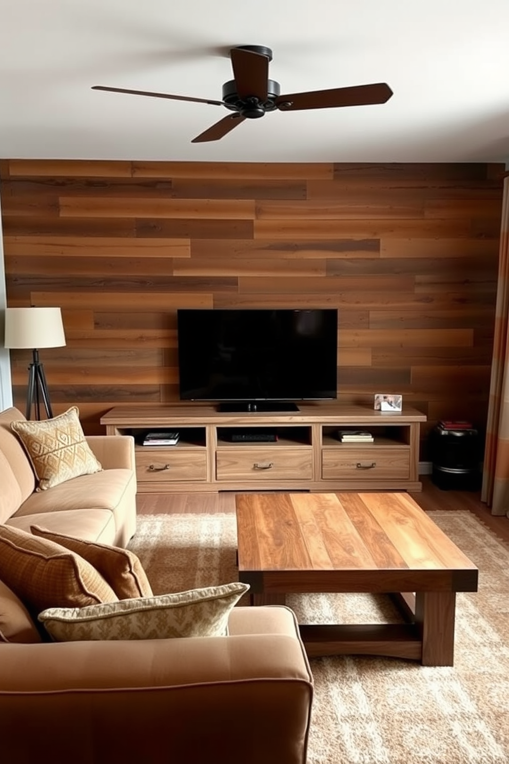 A cozy living room features rustic wood paneling behind a large flat-screen TV that serves as a focal point. The room is adorned with a plush sectional sofa in earthy tones and a reclaimed wood coffee table that adds warmth and character.