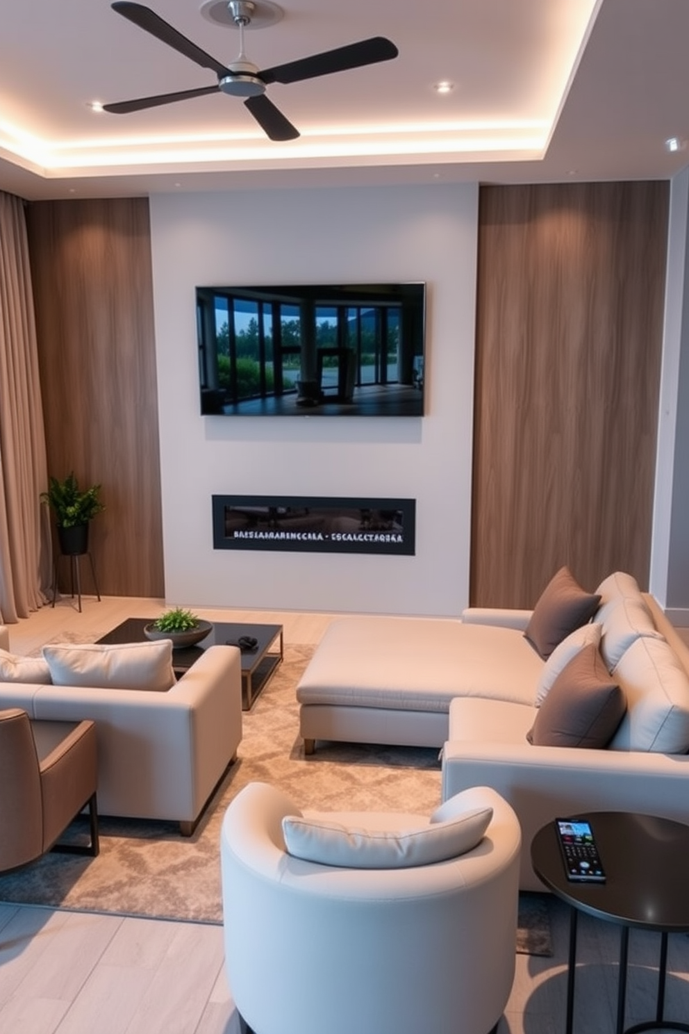 A modern living room featuring smart home integration seamlessly blended into the design. The TV is mounted on a sleek wall with hidden wires, creating a clean and uncluttered look. The furniture is arranged to promote conversation, with a plush sectional sofa and stylish armchairs. Soft ambient lighting enhances the cozy atmosphere, while smart devices are subtly incorporated throughout the space.