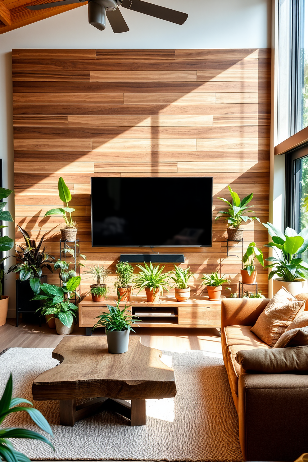 A cozy living room featuring a large flat-screen TV mounted on a wooden accent wall. Surrounding the TV are various indoor plants in stylish pots, creating a refreshing and vibrant atmosphere. The seating area consists of a plush sofa with earthy tones and a coffee table made of reclaimed wood. Natural light streams in through large windows, enhancing the connection to nature in the space.