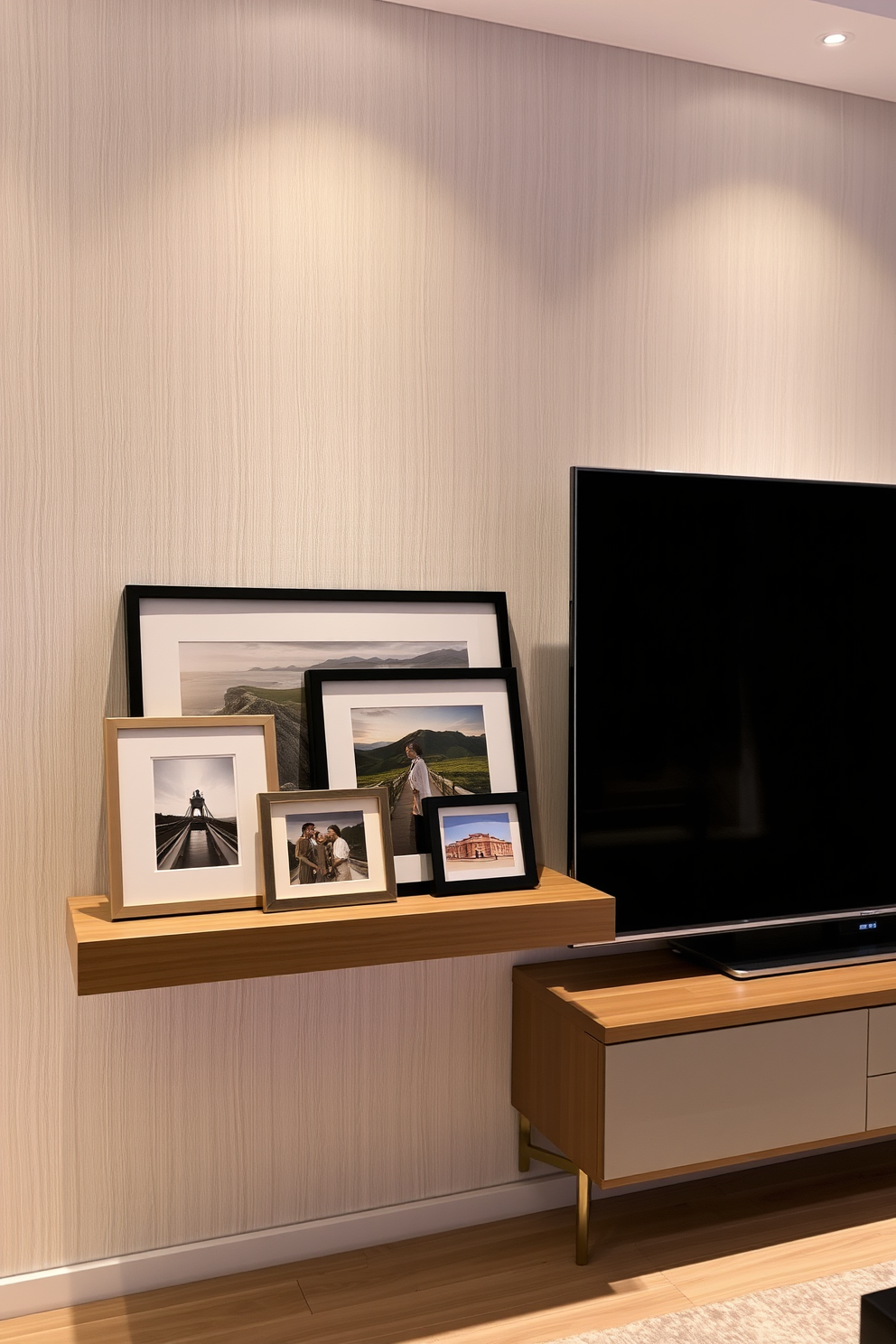 Artful arrangement of framed photos in various sizes is displayed on a sleek wooden shelf near the TV. The wall behind the TV features a modern design with a subtle texture, complemented by soft ambient lighting that highlights the artwork.