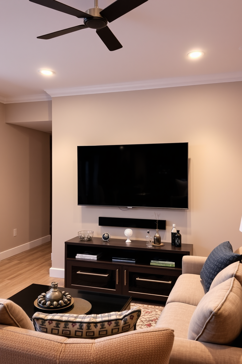 A contemporary living room features a textured fabric panel behind a sleek flat-screen TV. The panel is in a soft neutral tone, creating a cozy backdrop that enhances the modern aesthetic of the space.