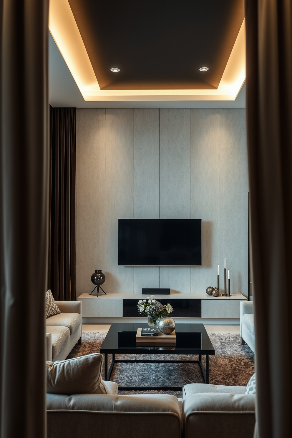 Luxe velvet curtains frame a sleek TV mounted on a modern feature wall. The living room features a harmonious blend of textures with plush seating and a stylish coffee table.