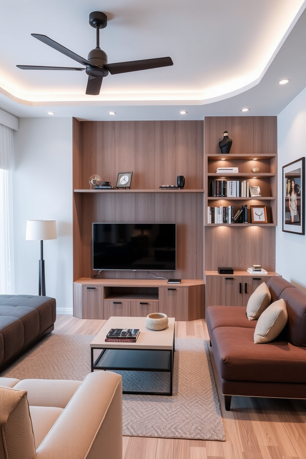 A modern living room featuring a sleek TV wall with built-in shelves for smart home integration. The design includes a comfortable sectional sofa facing the TV, with ambient lighting that enhances the space's functionality.