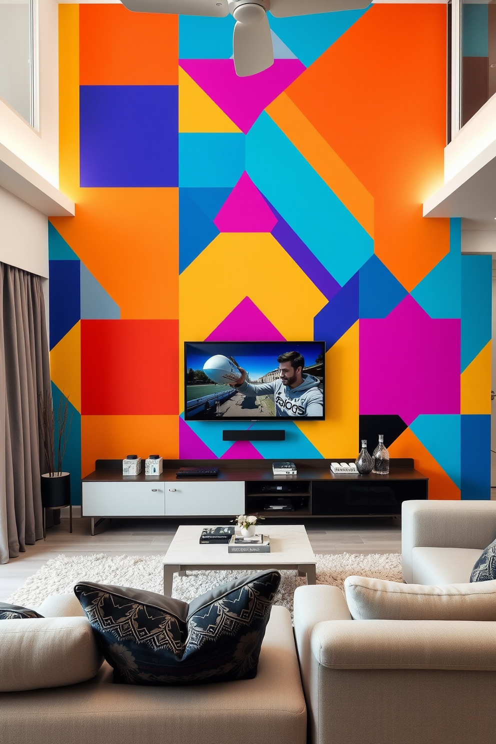 A modern living room featuring a striking TV wall adorned with bold geometric patterns in vibrant colors. The space includes a sleek entertainment unit with minimalistic decor and comfortable seating arranged for optimal viewing.