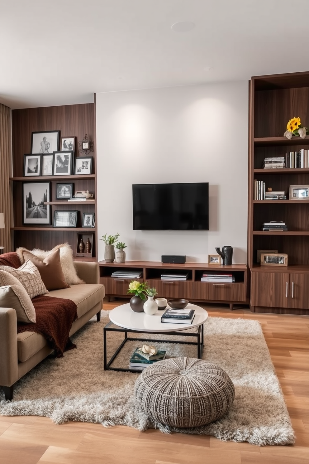 Layered textiles create a warm and inviting atmosphere in the living room. A plush sofa adorned with various cushions in different textures and colors complements a soft area rug beneath a stylish coffee table. The TV wall features a sleek entertainment unit with built-in shelving for books and decorative items. Surrounding the TV, a gallery of framed art adds personality and depth to the space.